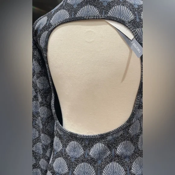 ZARA Jacquard Navy Blue Seashell Metallic High Neck Open Back Bodycon Dress M/L - Picture 5 of 6